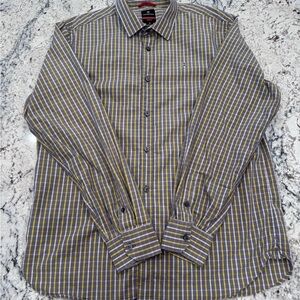 Victorinox Tailored Fit Plaid Button Down Shirt XL Grey/Yellow